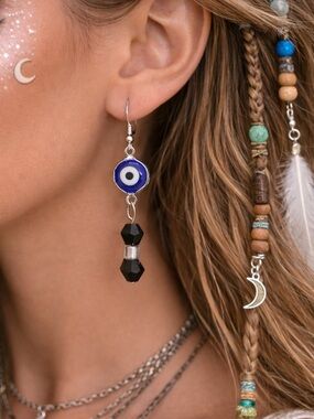 Evil Eye Dangle Earrings in Blue and Black